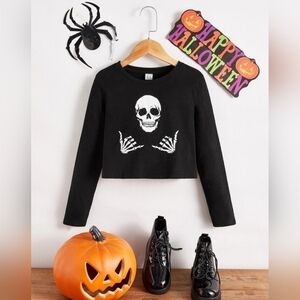 Shein Black Cropped Long Sleeve Skeleton Skull Graphic Top Girl's 11-12Y Spooky